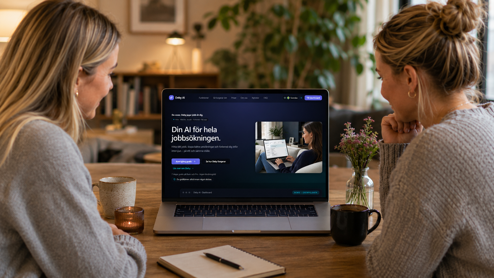 Två personer sitter vid ett bord med en laptop som visar Deby AI