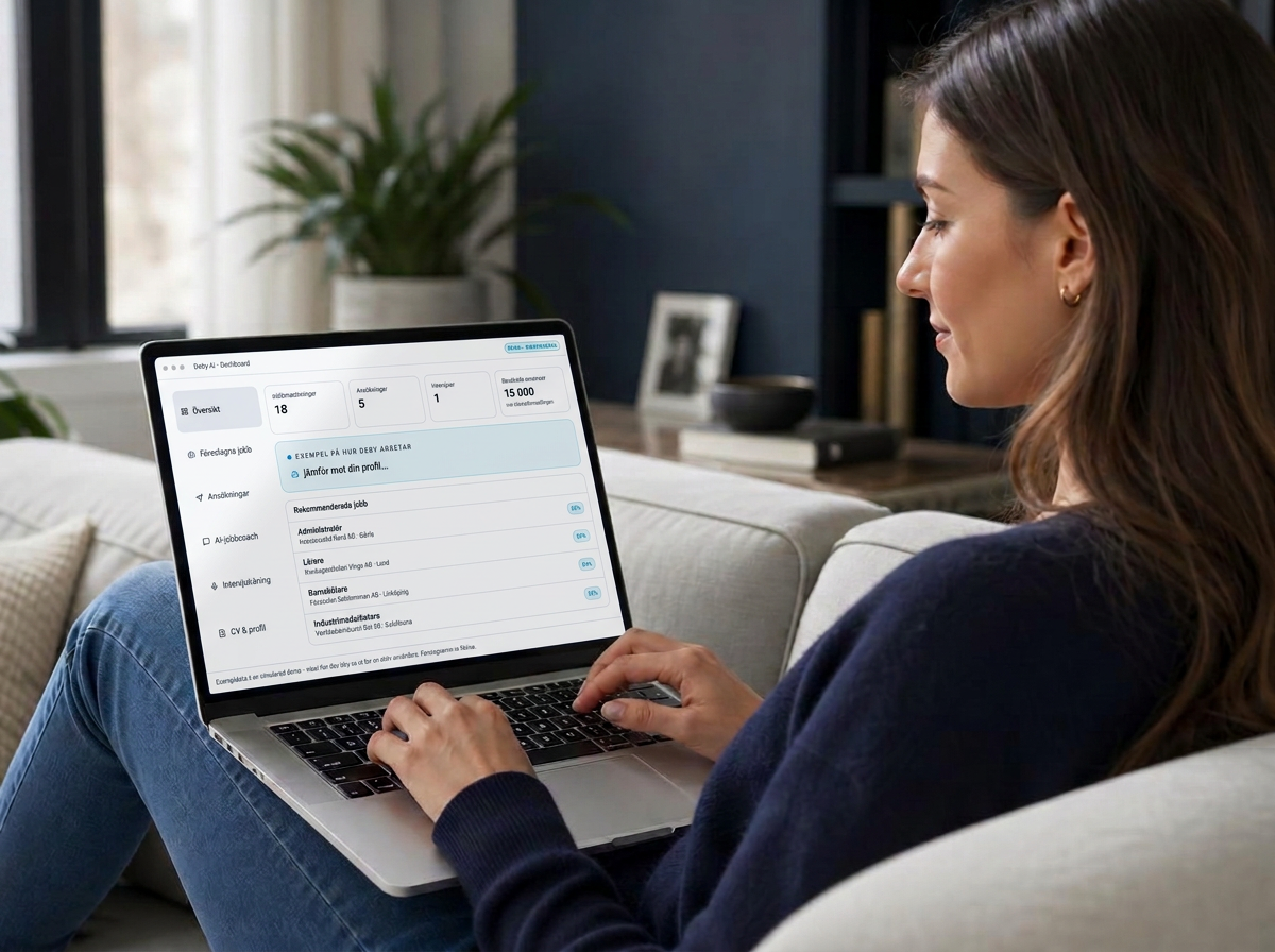 Kvinna sitter avslappnat med en laptop och använder Deby AI:s dashboard med jobbmatchningar